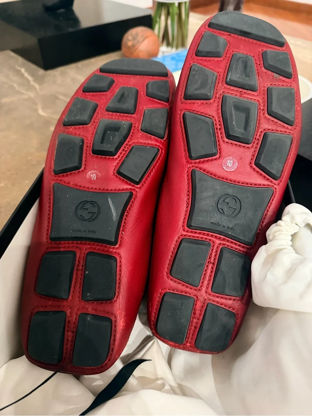 Gucci Red Leather Men's Loafers with Navy/Red Web and Gold Double G